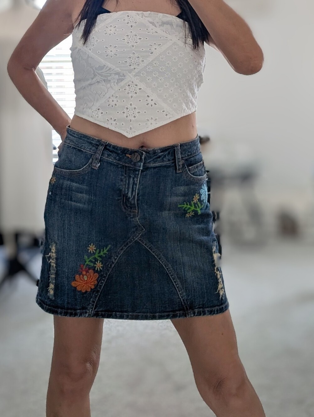 Dark Washed Blue Denim Mini Skirt with Floral Embroidery and Distressed.